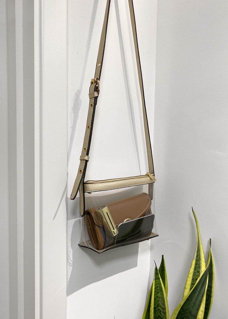 Hoxis Clear Zipper Cross Body Bag with Vegan Leather Trim (Light Gold) Small - Image 5